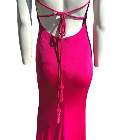 Jovani Shimmer Tassel Tie Open Back High Leg Slit Gown Pink Size 0 NWT